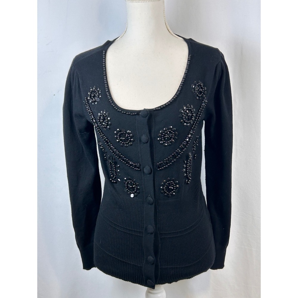 Tracy M Womens Black Beaded Sequin Cardigan Sweater Scoop Neck Ribbed Size M